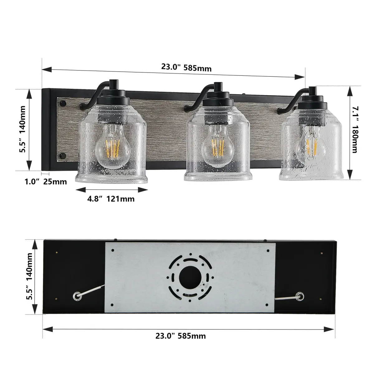 Seeded glass wood vanity bar, 3 lights, black, dimension drawing 1