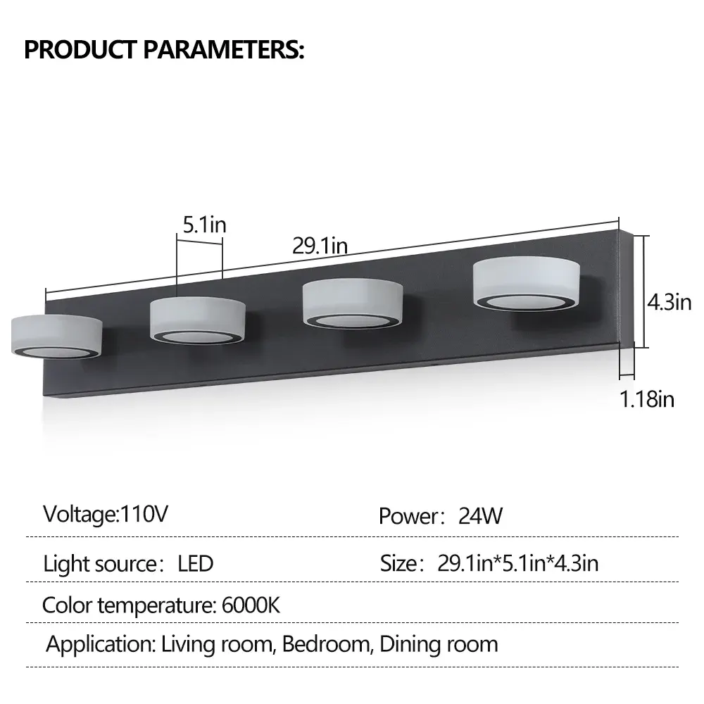 Acrylic shade vanity bar, 4 lights, black, dimension drawing 1