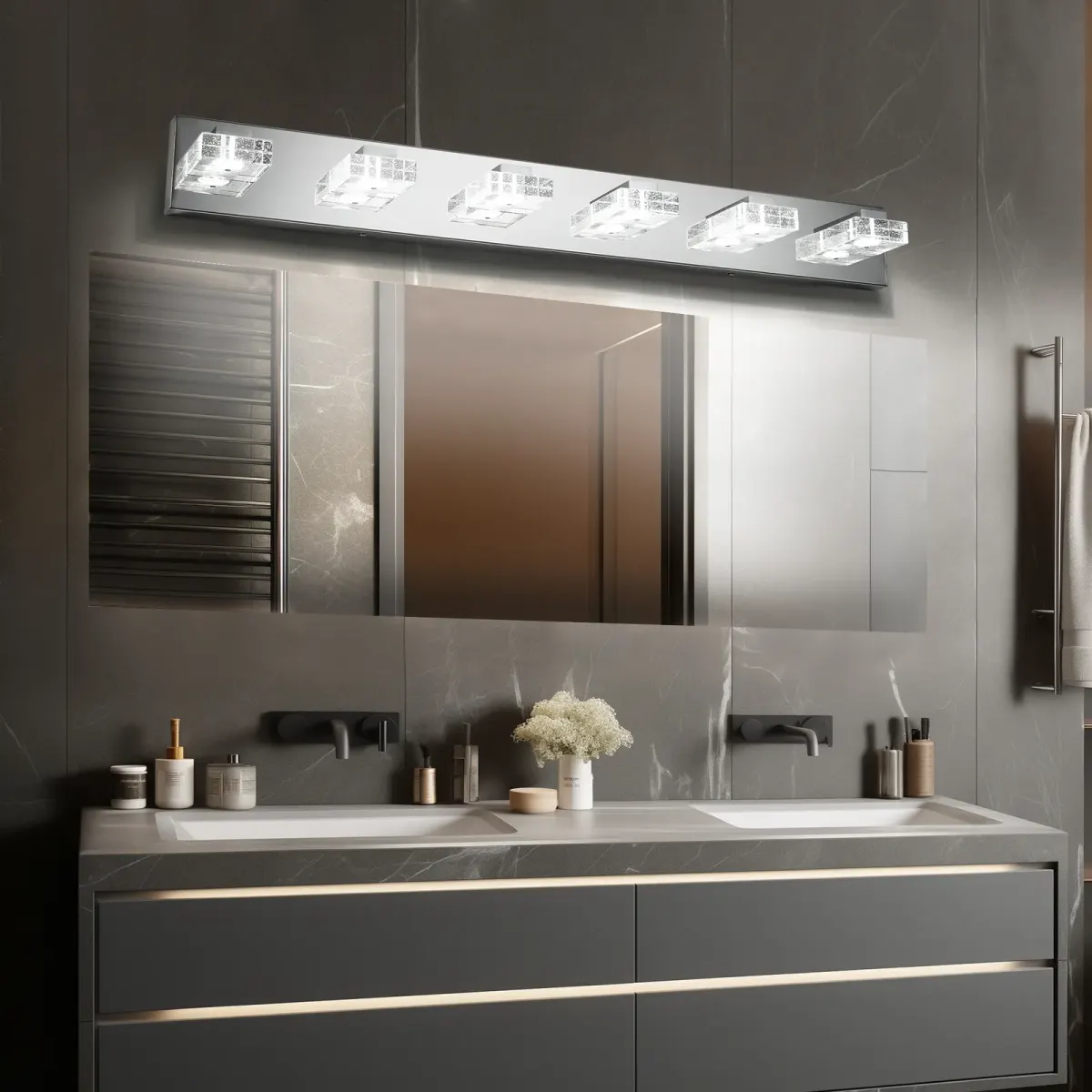 Acrylic vanity bar, 5–6 lights, 6 lights, chrome