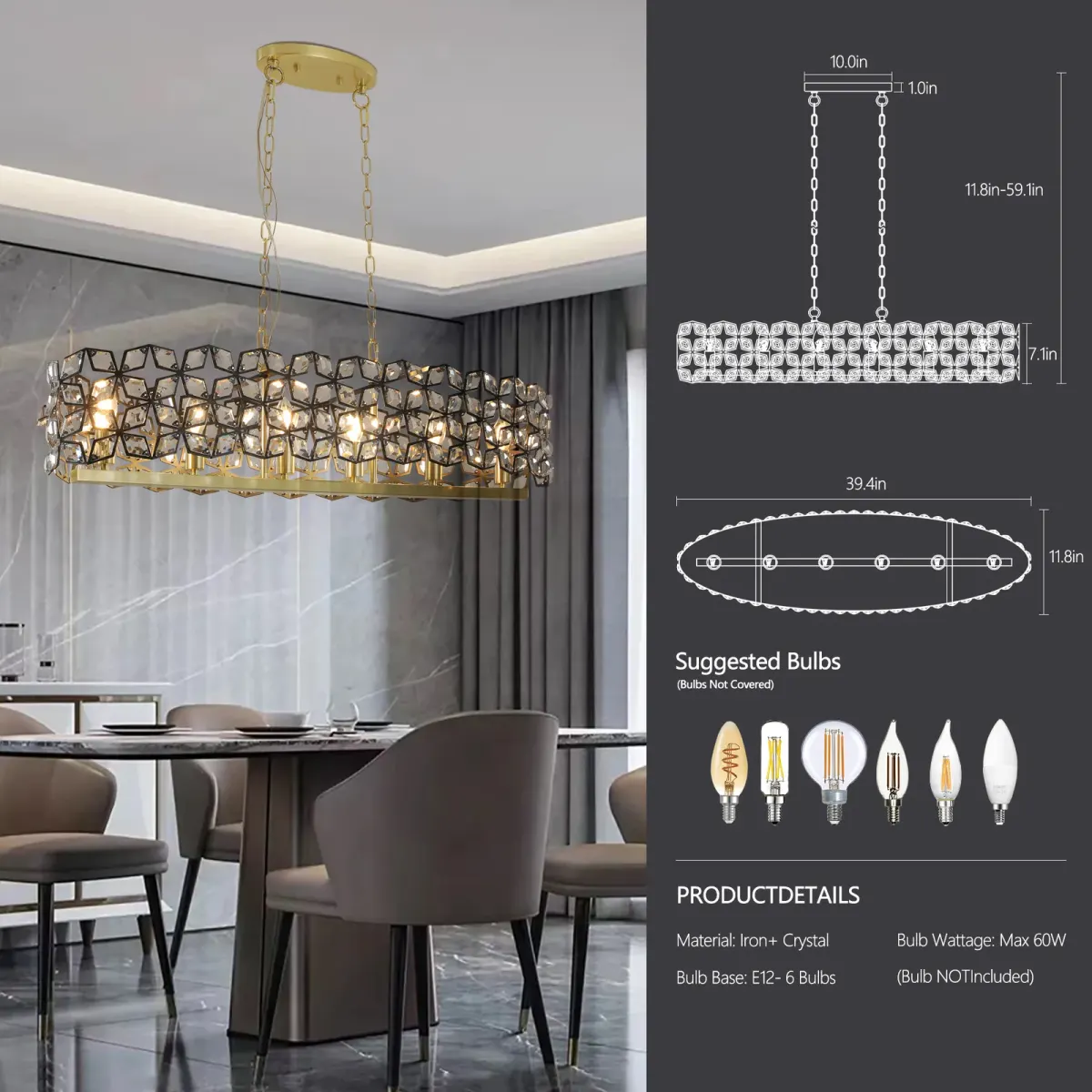 Crystal geometric chandelier, 39.4 in, black,gold,transparent, manufacturer image 1