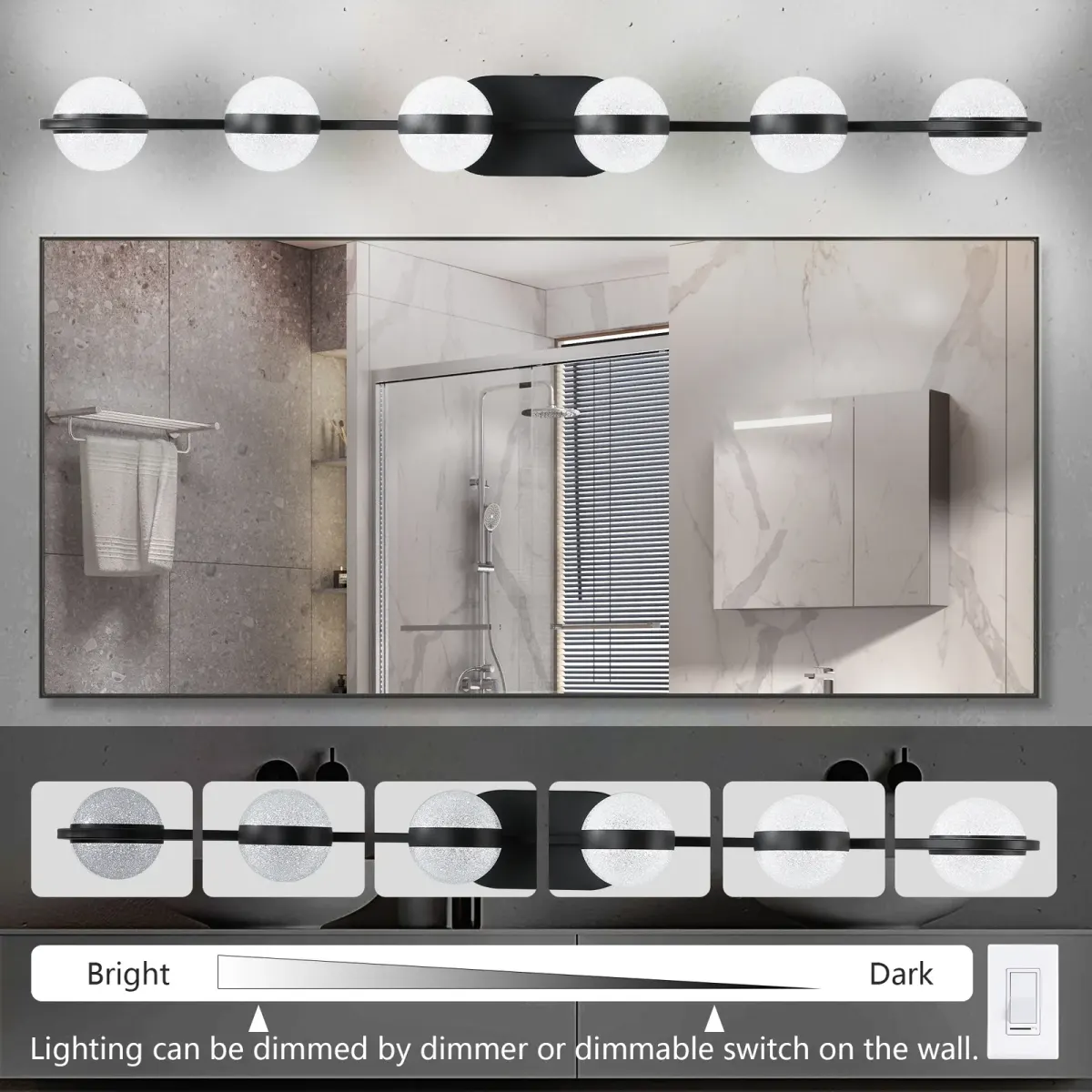 Acrylic crystal vanity bar, 6 lights, black, manufacturer image 1