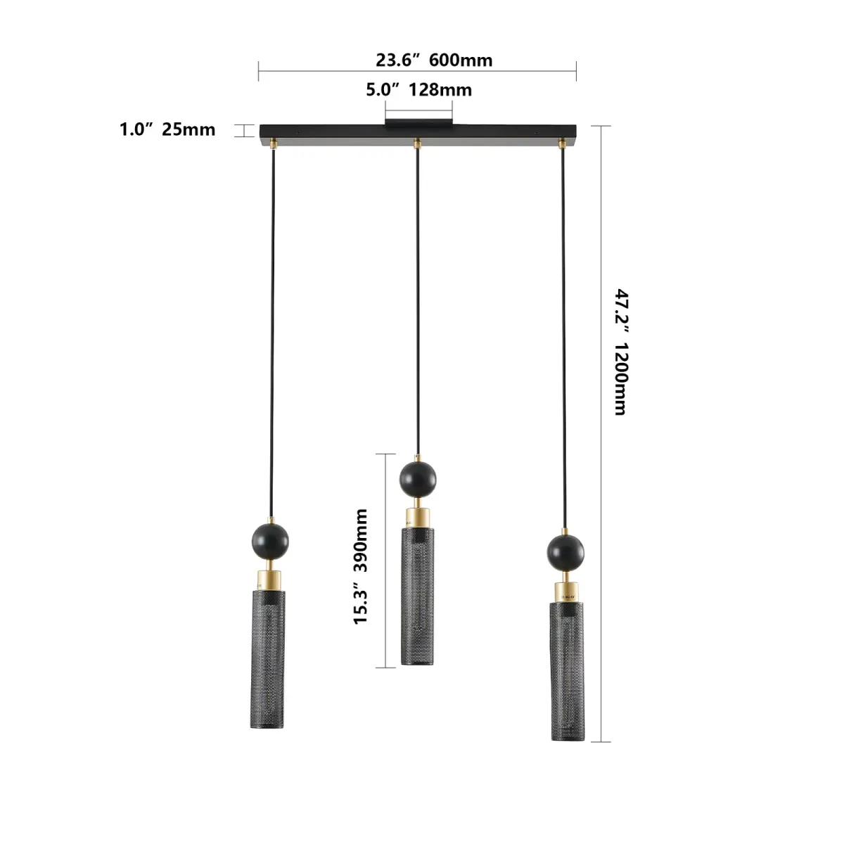 3-light chandelier, black, dimension drawing 3