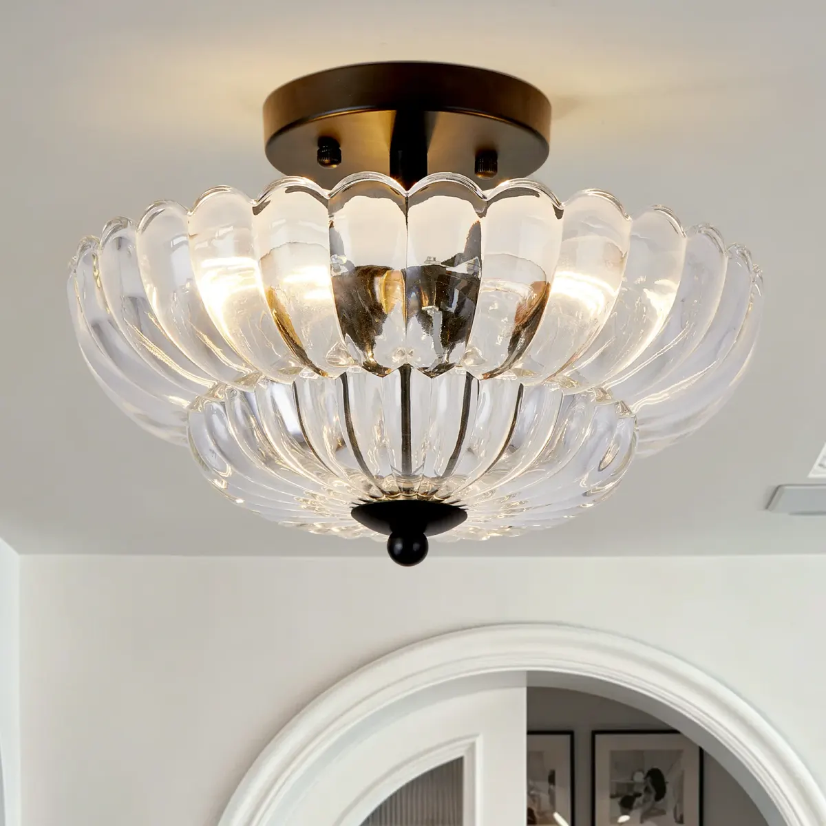 Glass semi-flush mount, 11.8 in, clear+black