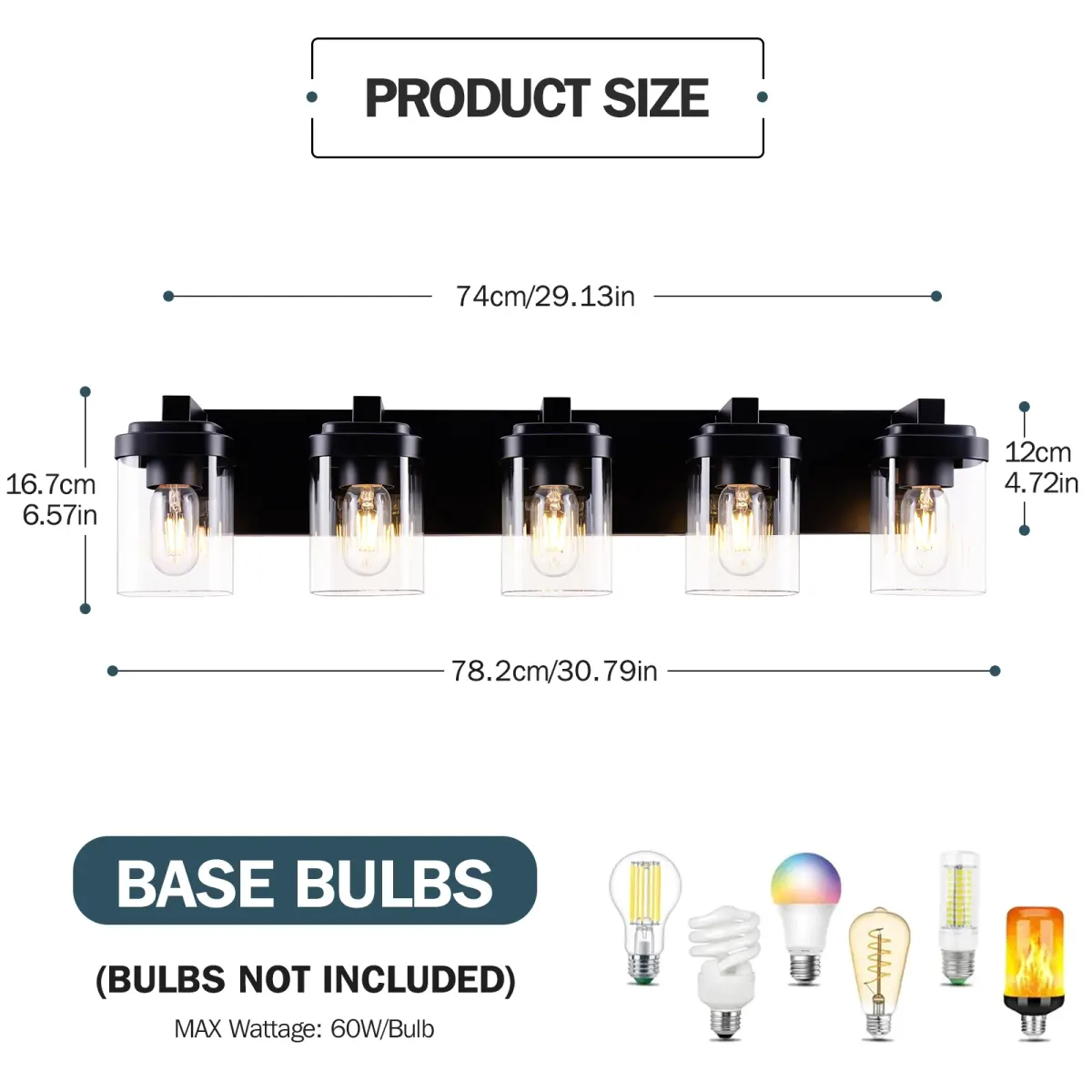 Clear glass vanity bar Z001004, 5 lights, black, dimension drawing 1