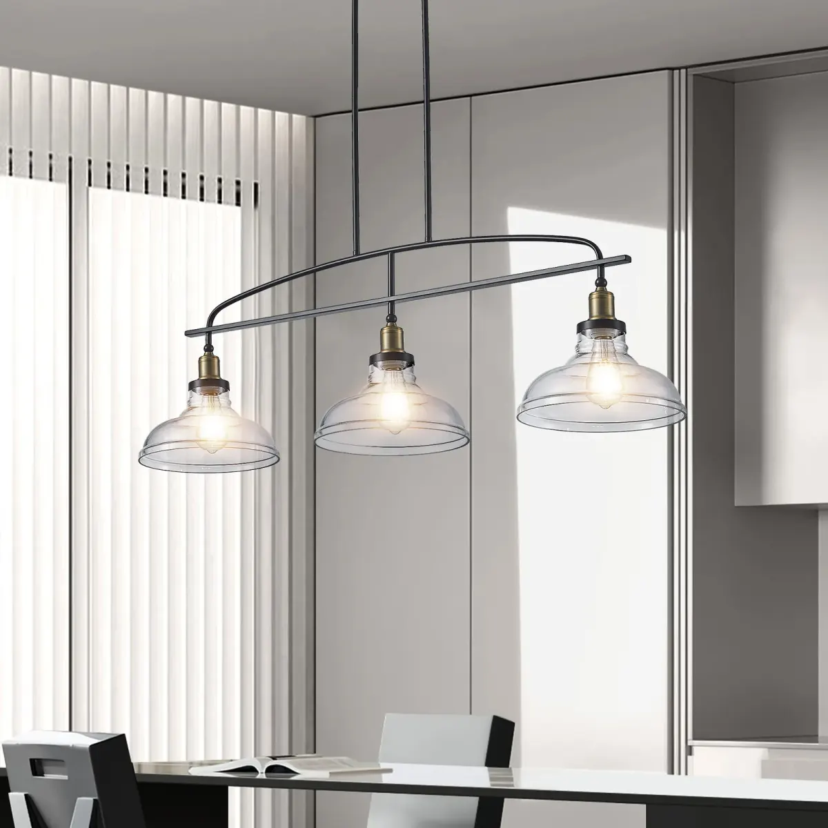 3-light clear glass chandelier, black, view 2