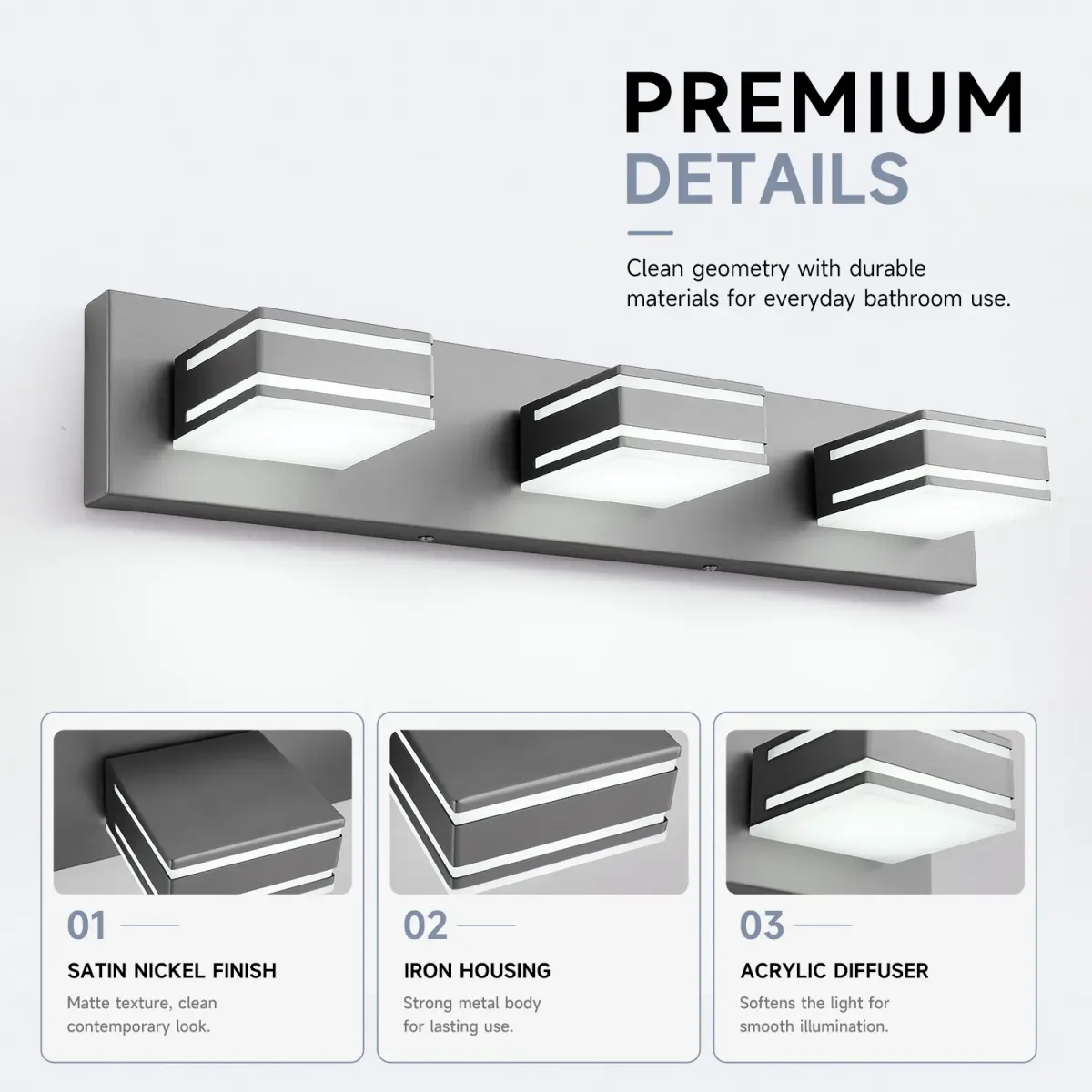 Acrylic vanity bar, 3–6 lights, 23.6–47.2 in, 3 lights, brushed nickel, manufacturer image 1