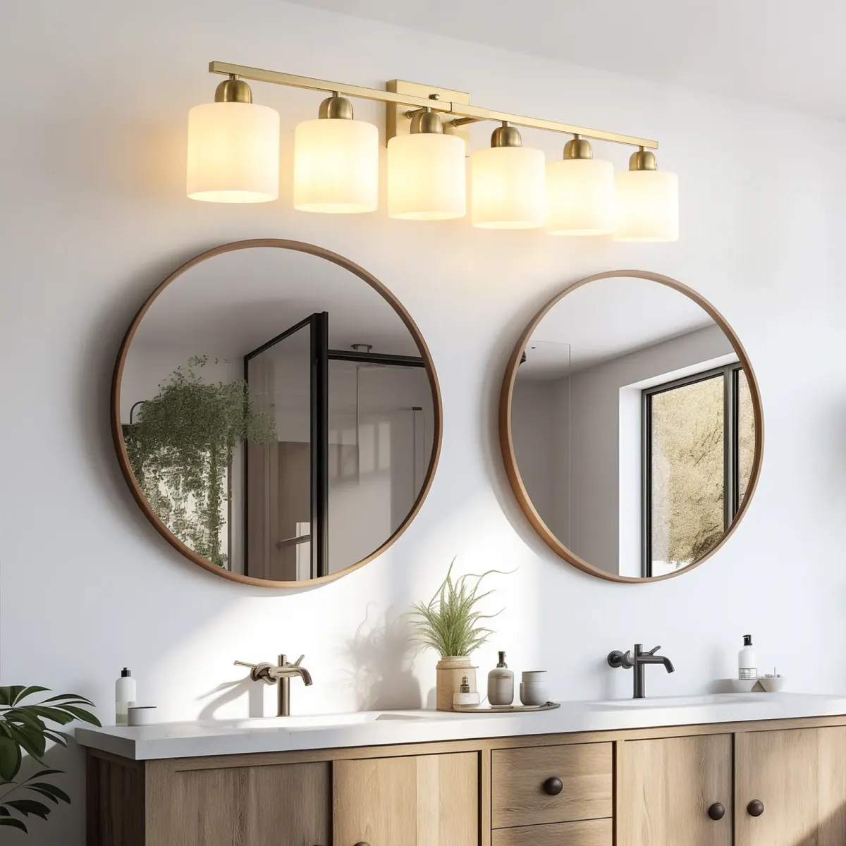 Frosted glass vanity bar, 6 lights, copper tone