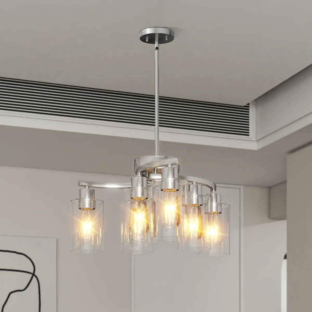 6-light clear glass chandelier, chrome, view 3