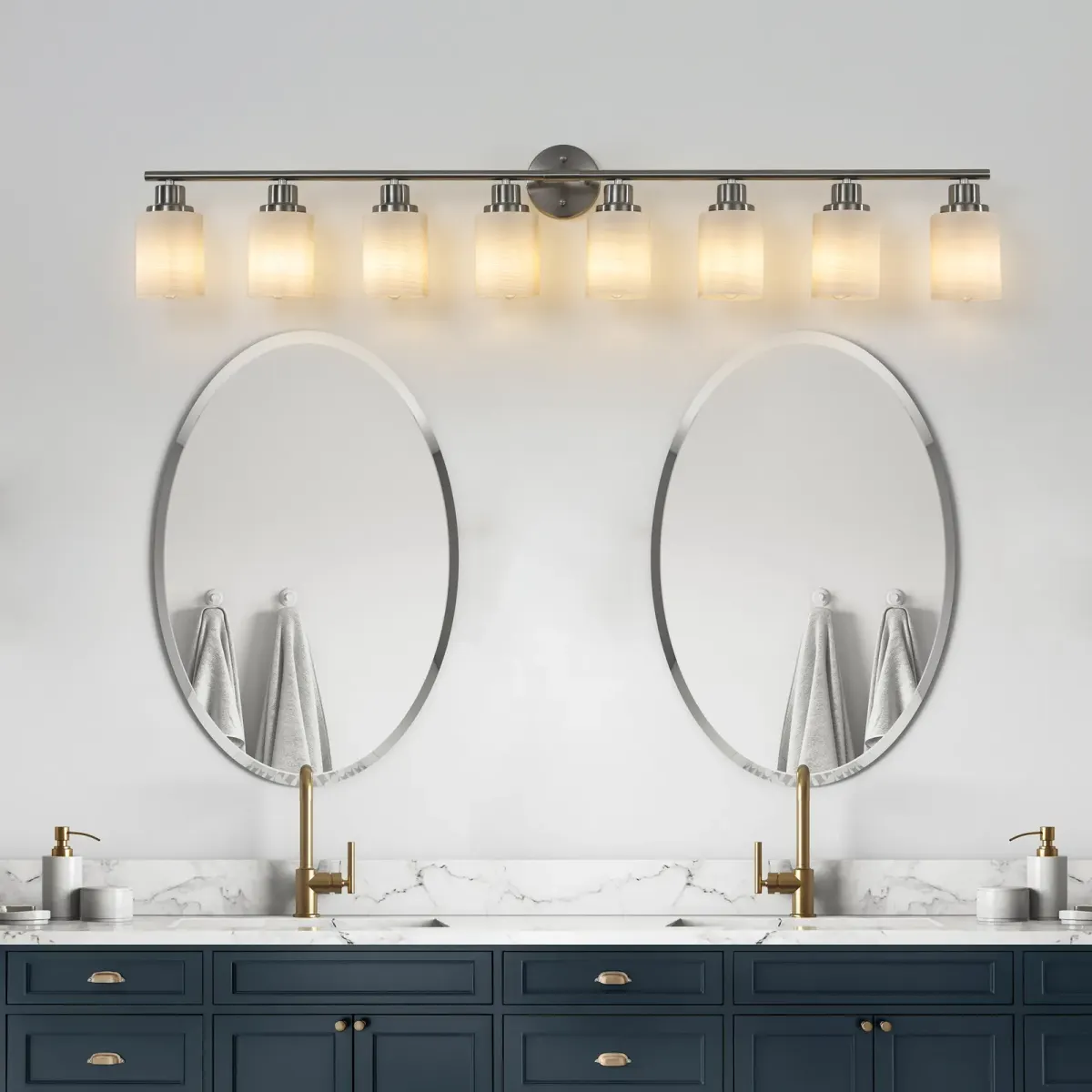 Frosted glass vanity sconce, 8 lights, chrome, view 2