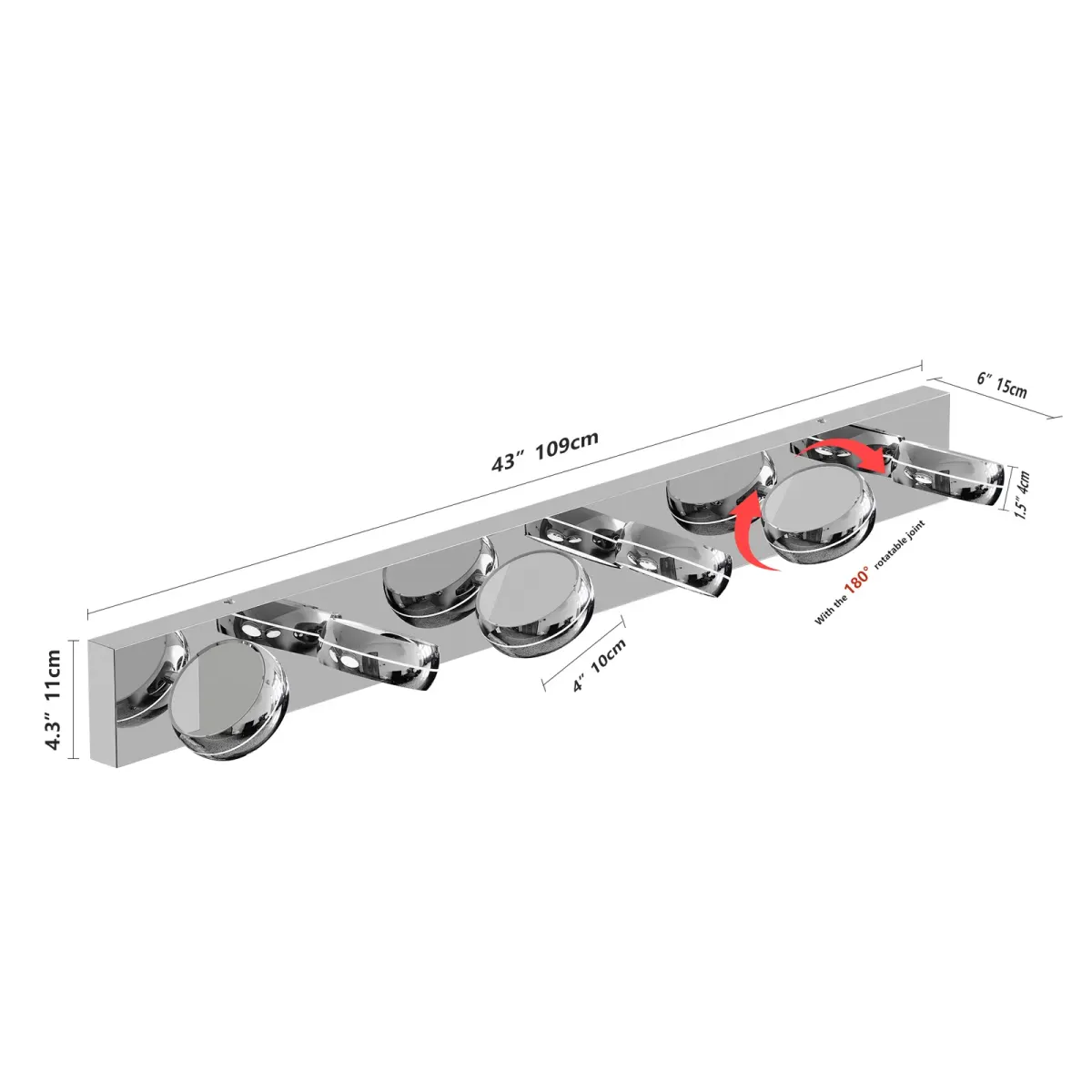 Swivel-head LED vanity light, 6 lights, chrome, view 3