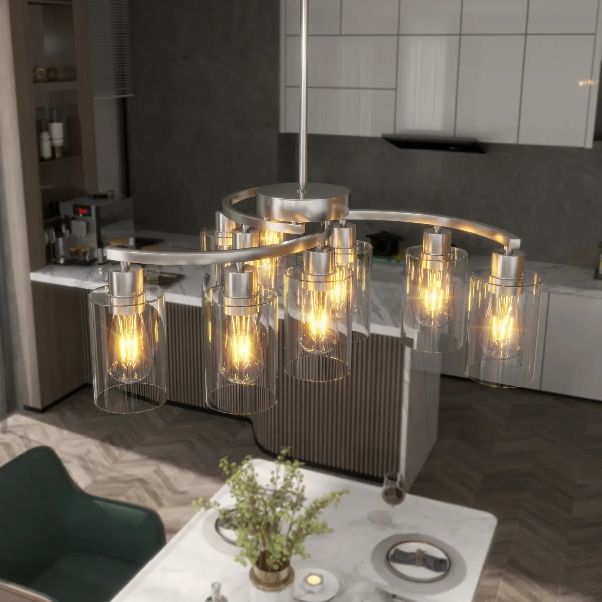 9-light chandelier, chrome, view 3