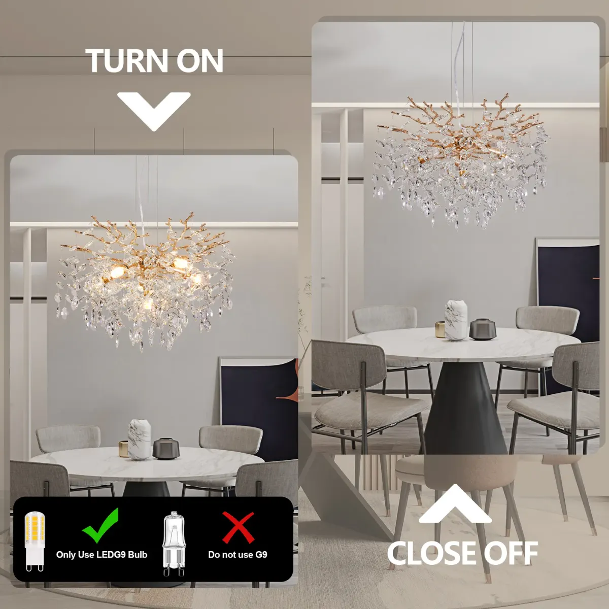 6-light crystal branch chandelier, gold, view 5