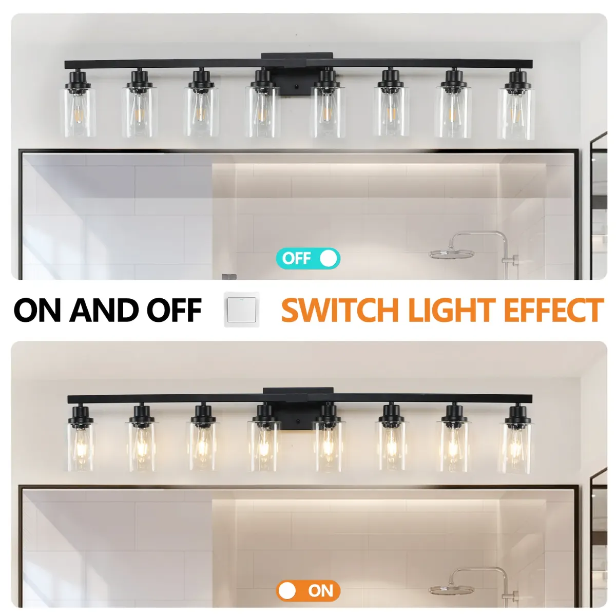 Clear glass vanity bar, 8 lights, black, view 2
