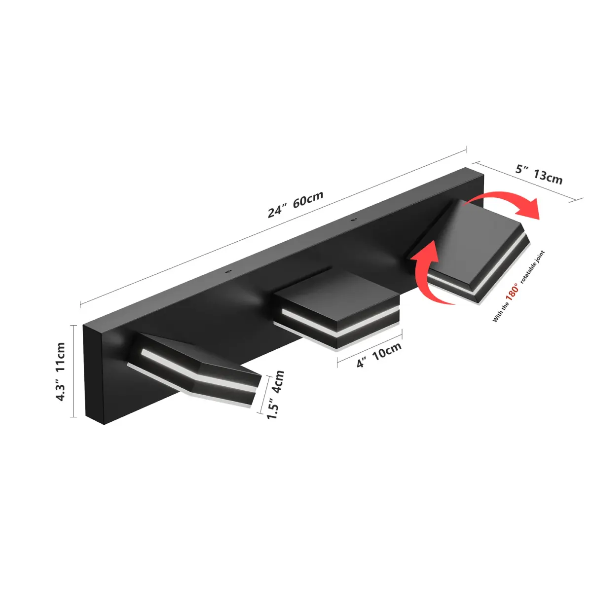 Minimalist LED vanity bar, 3 lights, black, view 5