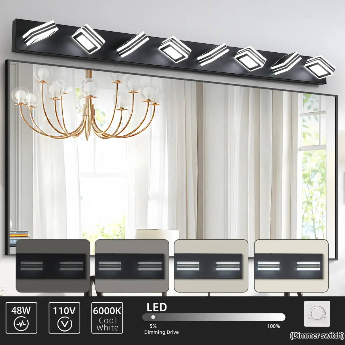 Square acrylic vanity bar, 8 lights, black, view 5