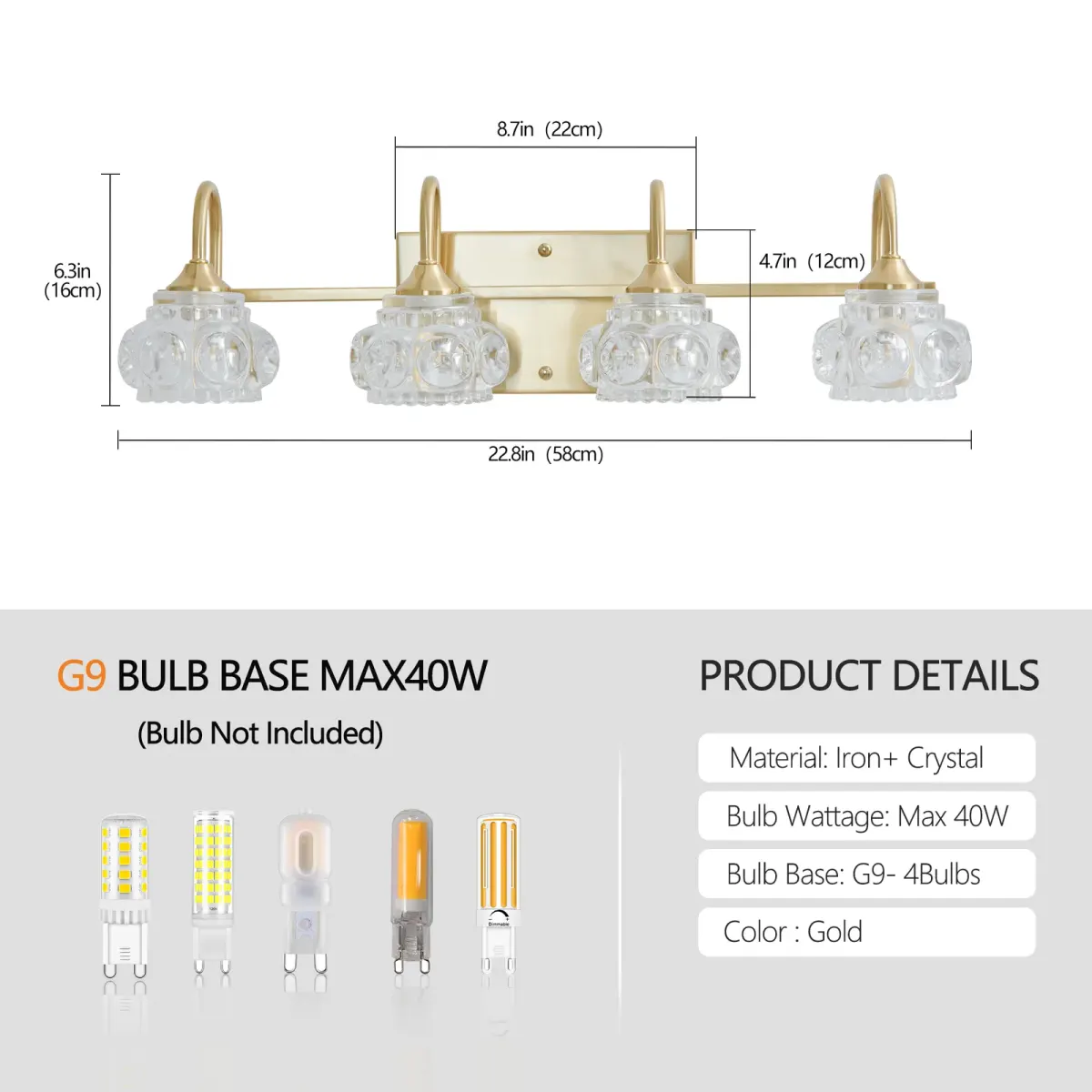Crystal glass vanity bar, 4 lights, gold, dimension drawing 1
