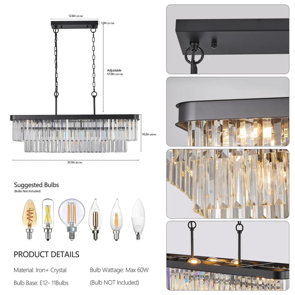 Crystal rectangle chandelier, 33.5 in, 33.5 in, black, manufacturer image 3