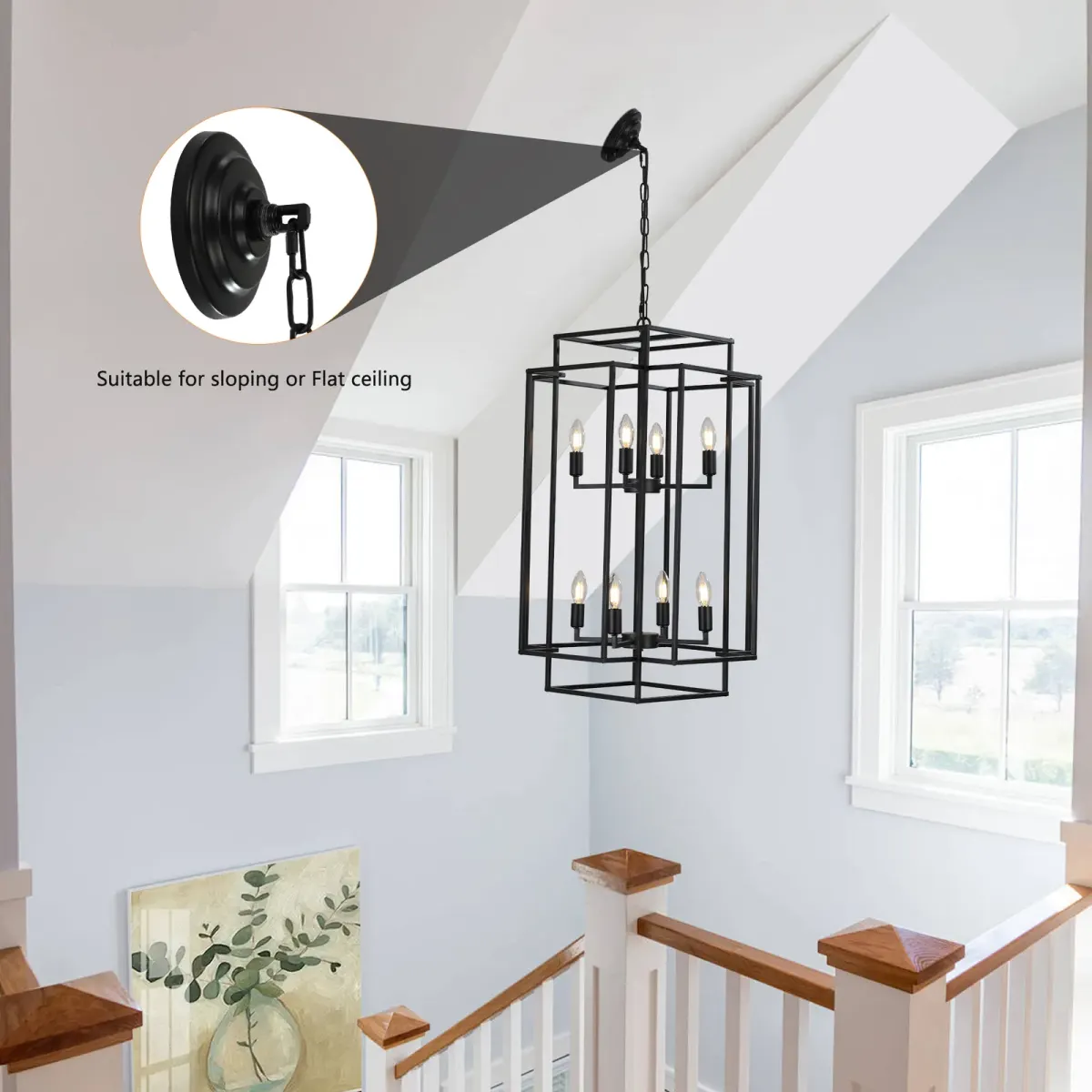 Geometric pendant chandelier, 8 lights, black, view 10