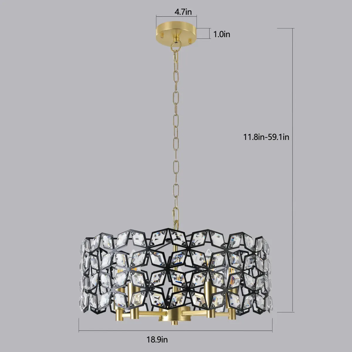 5-light crystal geometric chandelier, black,gold,transparent, dimension drawing 1