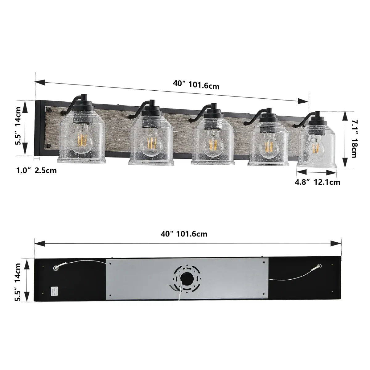 Seeded glass wood vanity bar, 5 lights, black, dimension drawing 1
