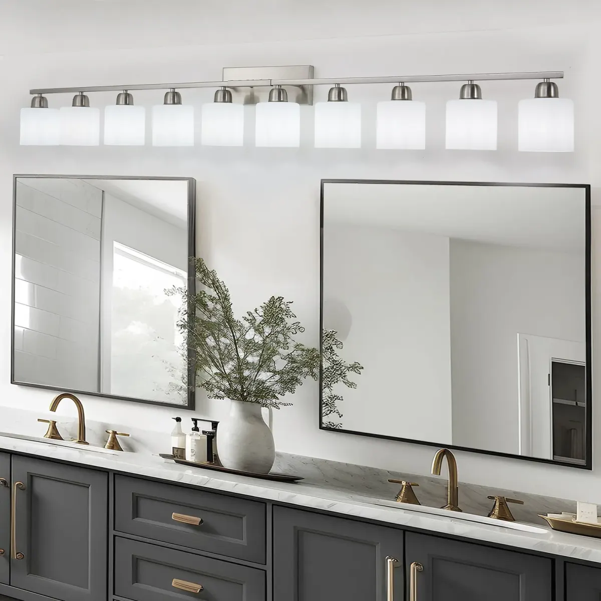 Frosted glass vanity bar, 10 lights, chrome