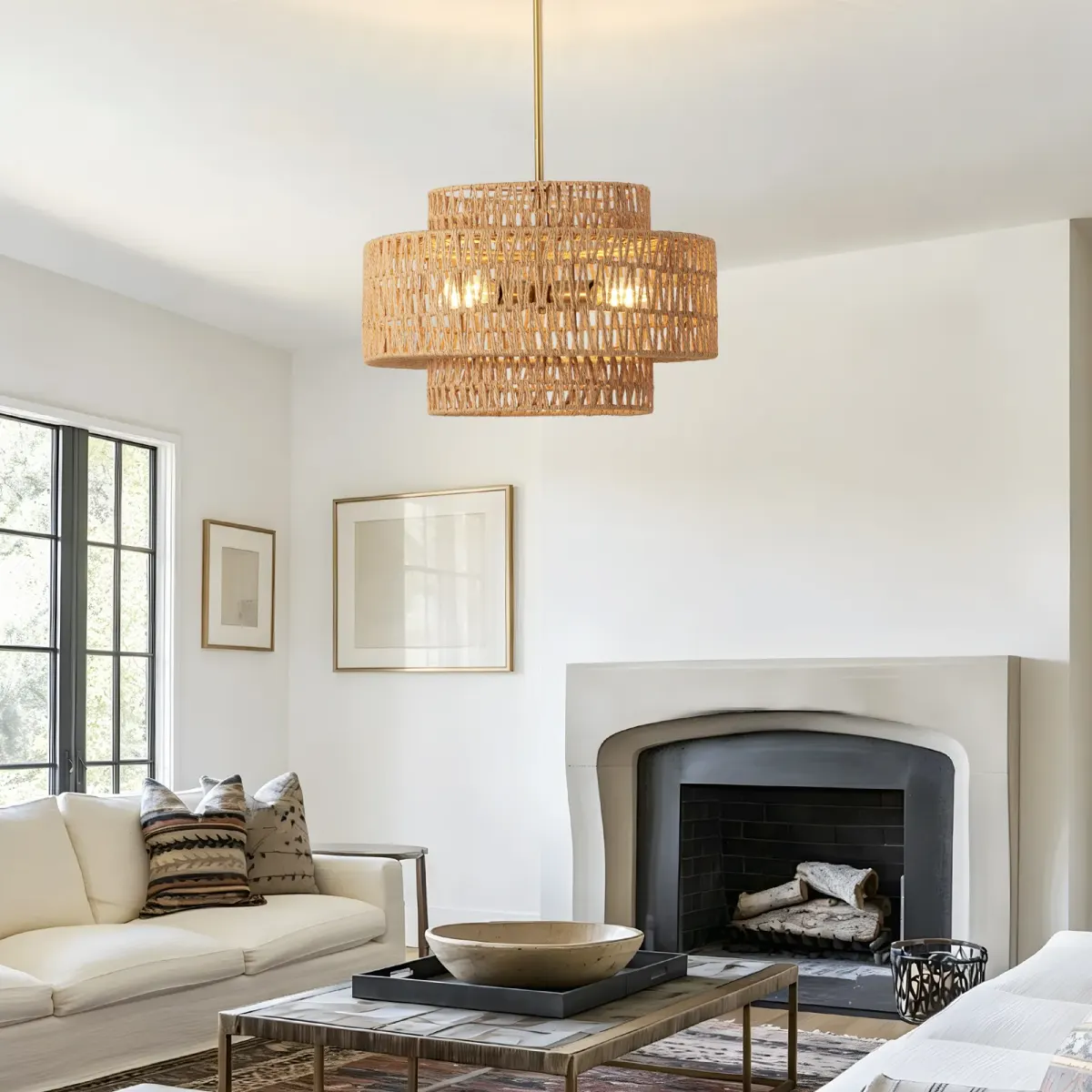 4-light rattan chandelier, brown, view 2