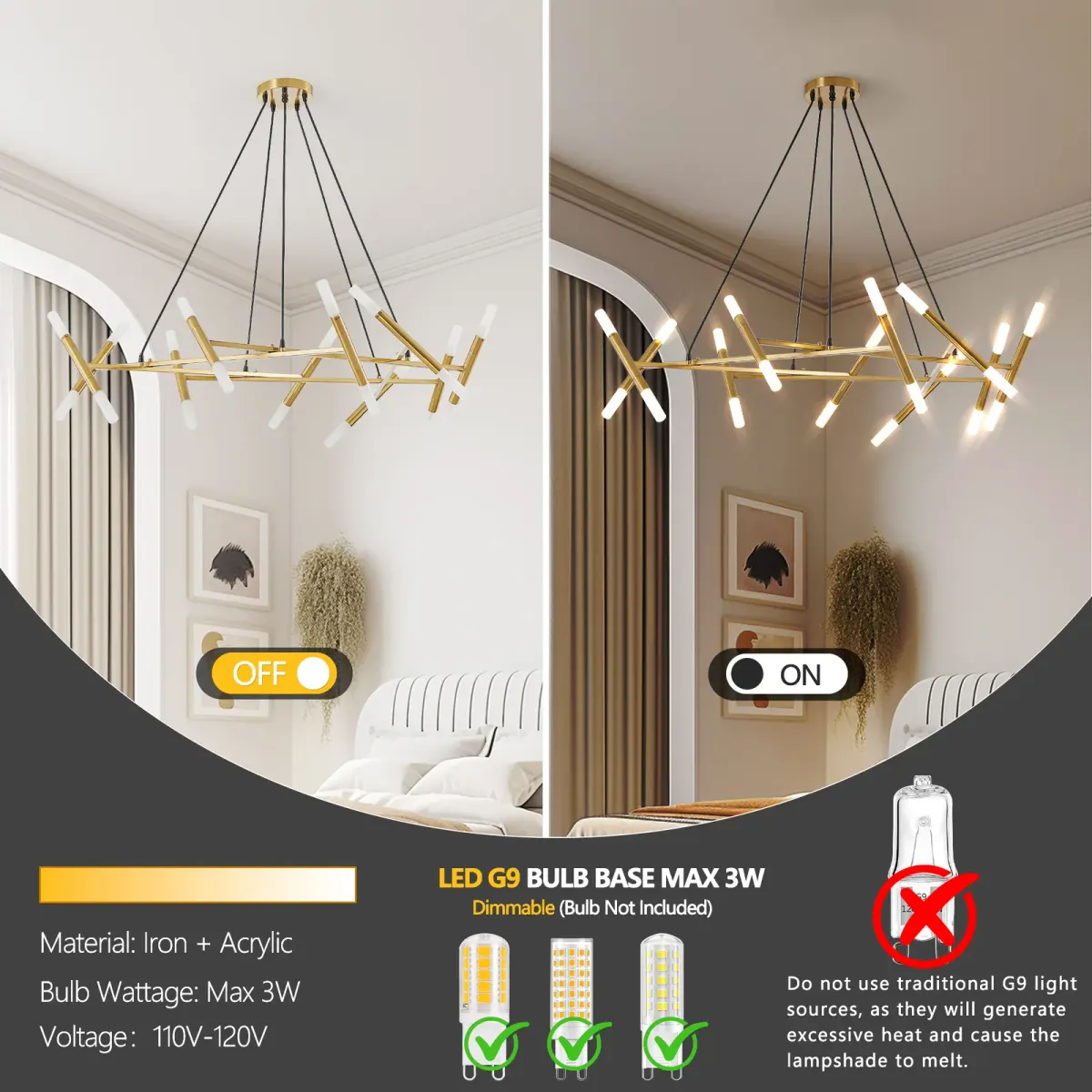 Branch chandelier with frosted tubes, 40.9 in, gold, manufacturer image 1