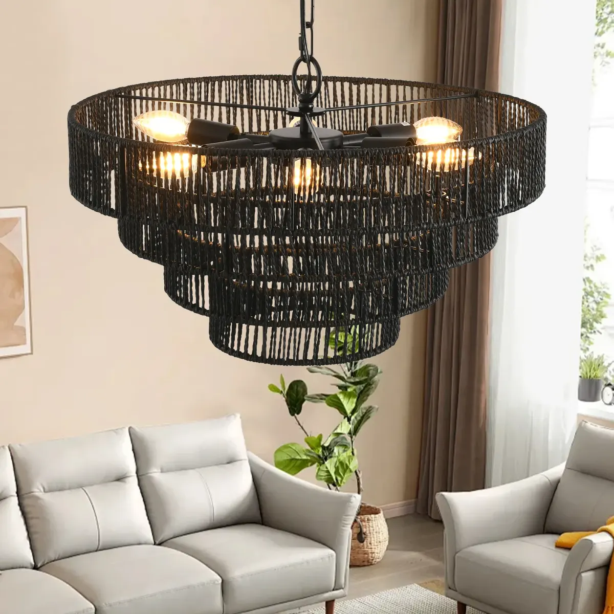 Rope tiered chandelier, 19.7 in, black, manufacturer image 1