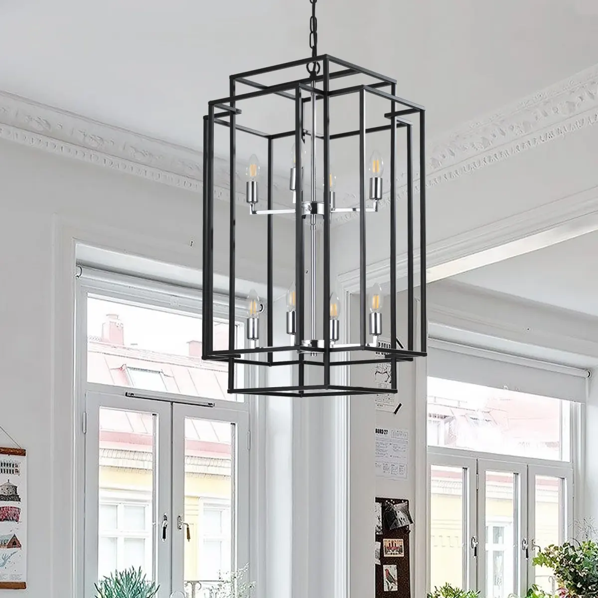 Geometric pendant chandelier, 8 lights, chrome, view 9