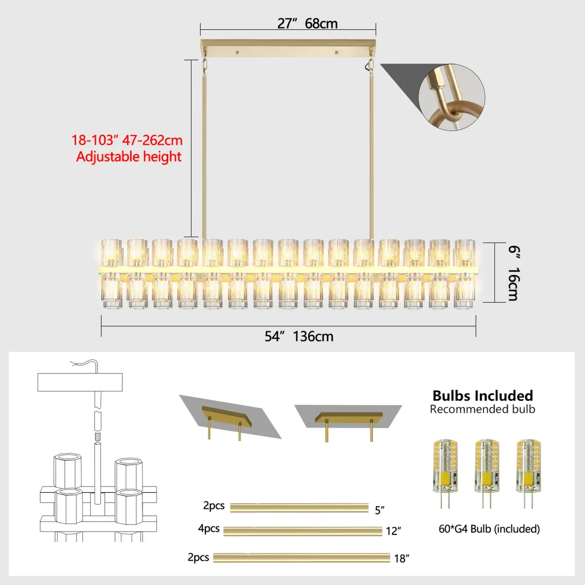 Crystal rectangle chandelier, 53.5 in, gold, dimension drawing 1