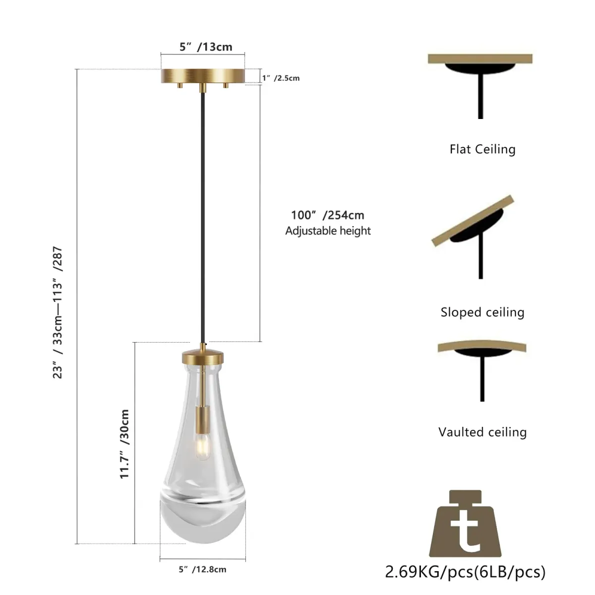 Raindrop chandelier, 5 in, gold, dimension drawing 1