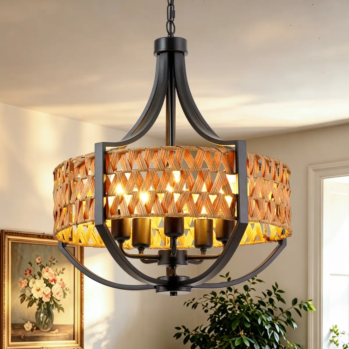 5-light rattan chandelier, black, manufacturer image 1