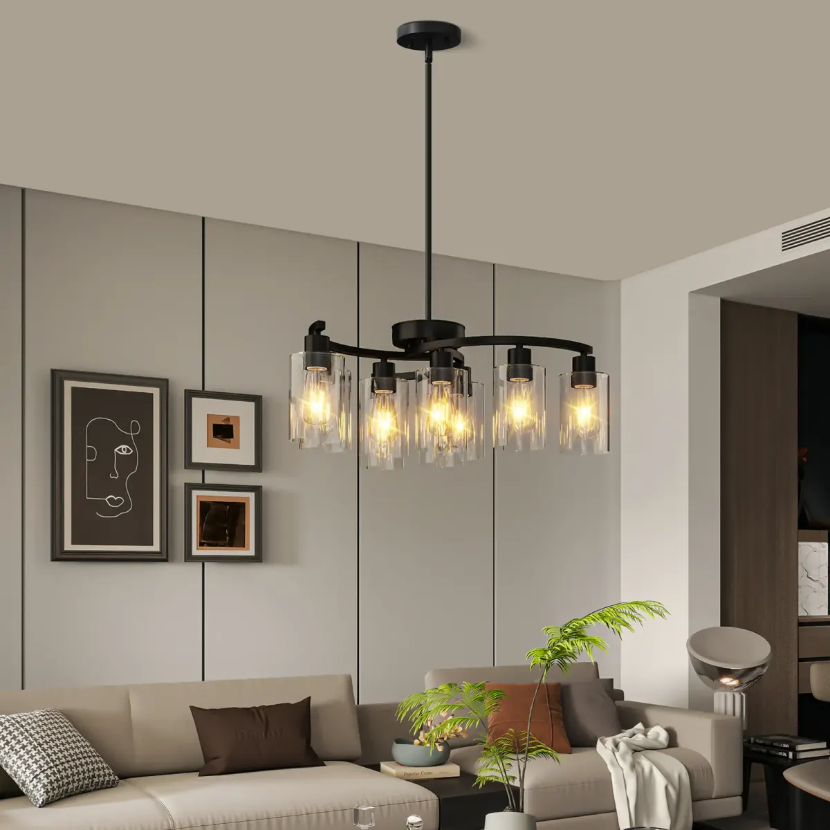 9-light clear glass chandelier, black, view 5