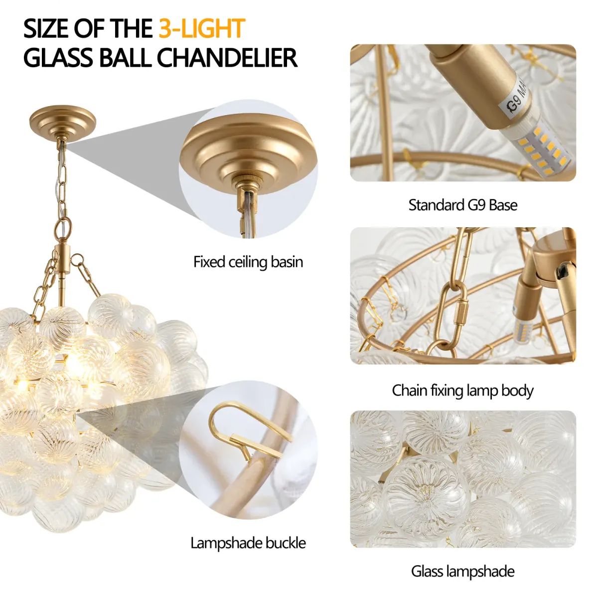 Clear glass glass globe chandelier, 20.1 in, gold, manufacturer image 2