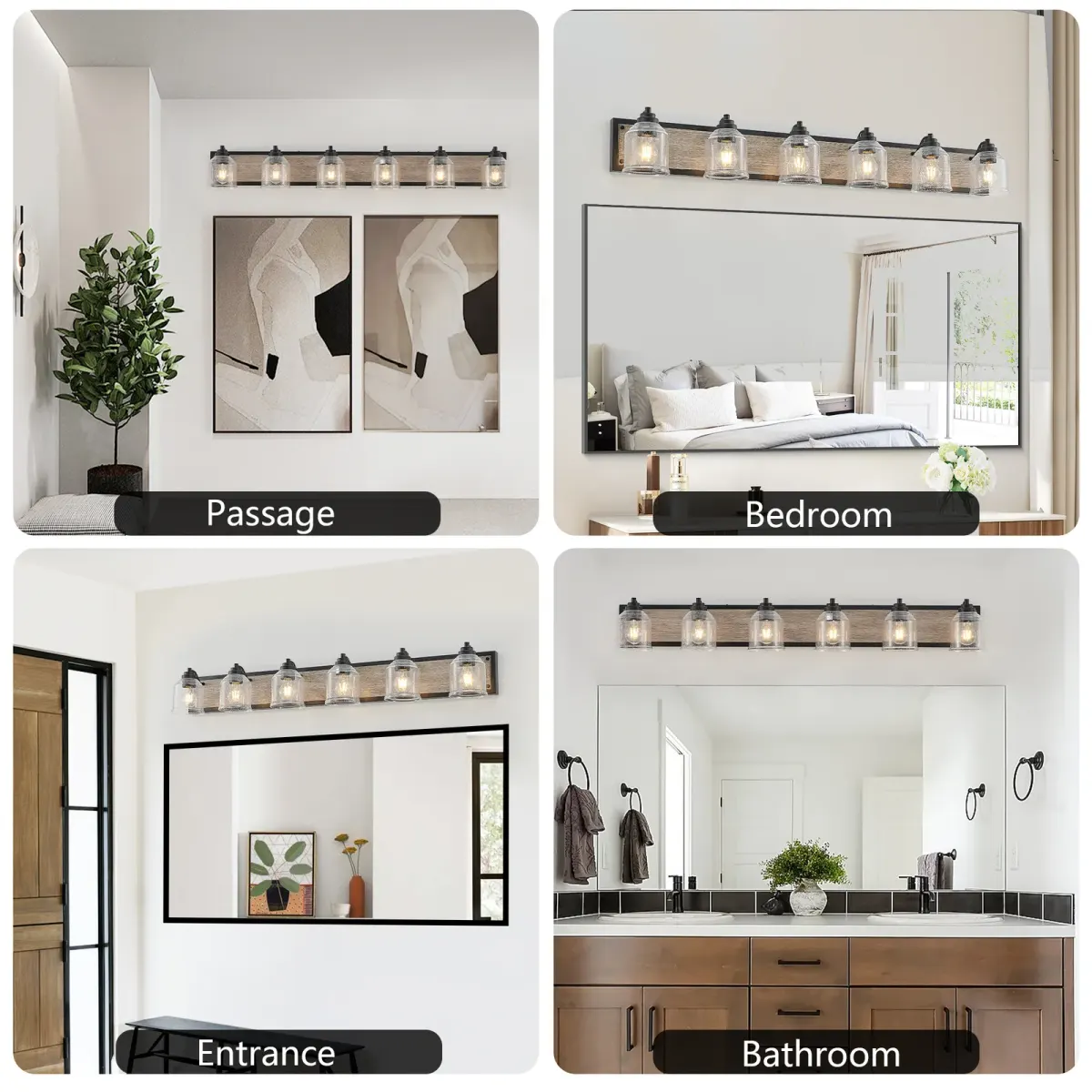 Seeded glass wood vanity bar, 6 lights, black, view 3