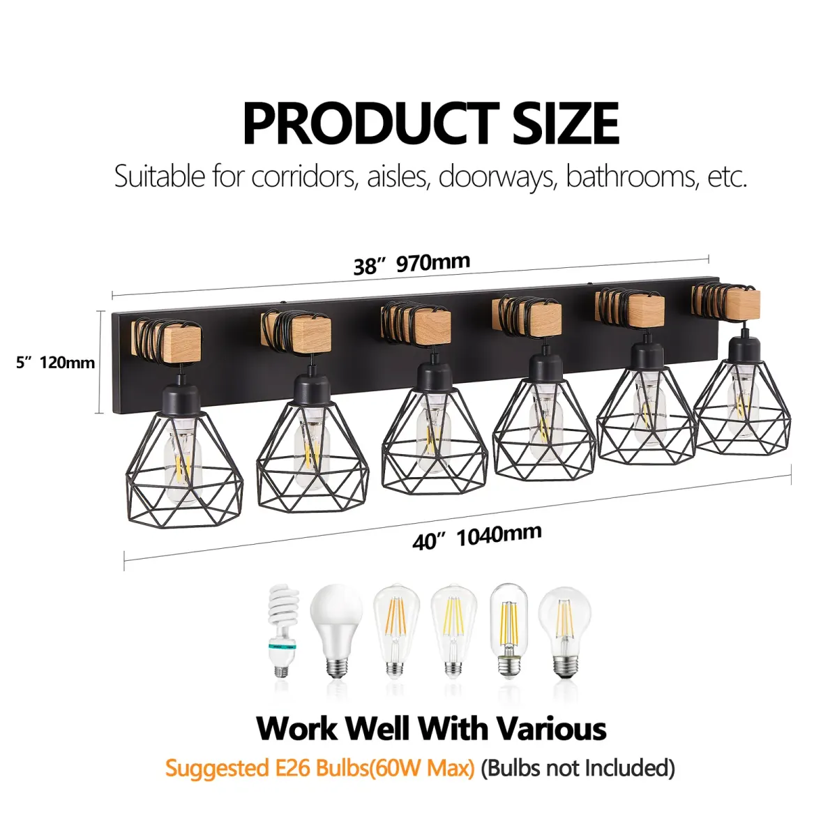 Cage vanity bar, 6 lights, black, dimension drawing 1