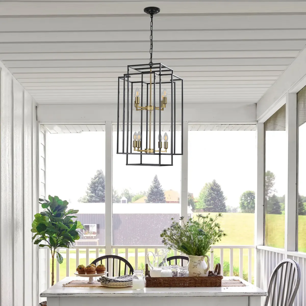 Geometric pendant chandelier, 8 lights, black and gold, manufacturer image 1