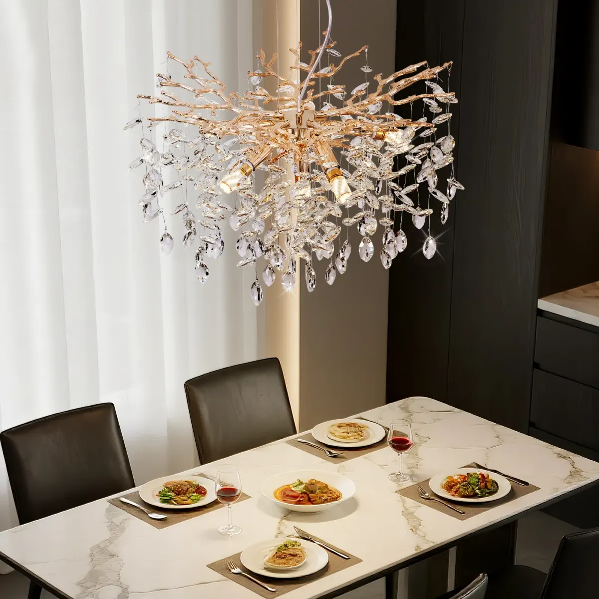 6-light crystal branch chandelier, gold, view 2