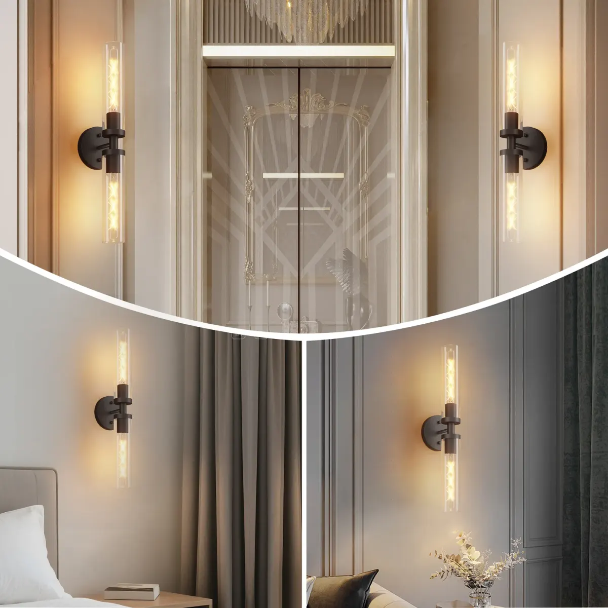 Clear glass wall sconce, 21.7 in, black, view 6