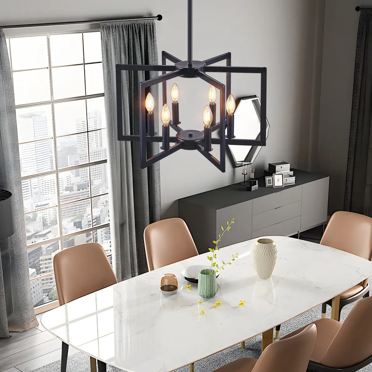 6-light geometric chandelier, black, view 5