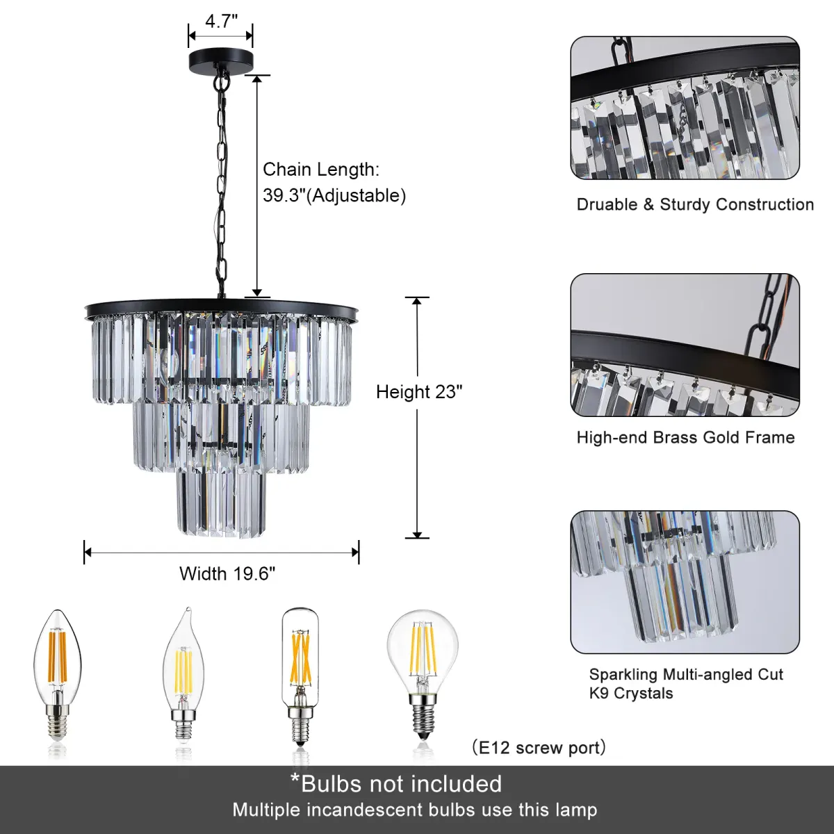 7-light crystal chandelier, 19.7 in, black (L005006-D500-P7B), dimension drawing 1