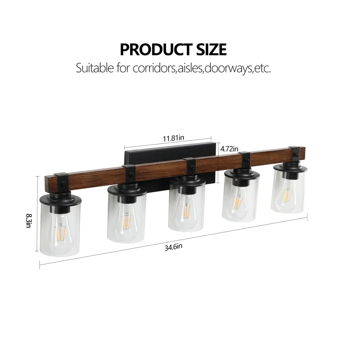 Wood vanity bar, 5 lights, walnut, dimension drawing 1