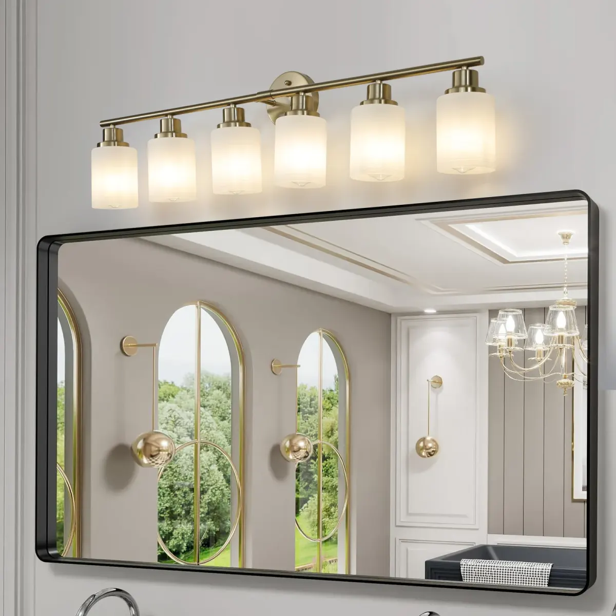 Frosted glass vanity sconce, 6 lights, copper tone, view 2