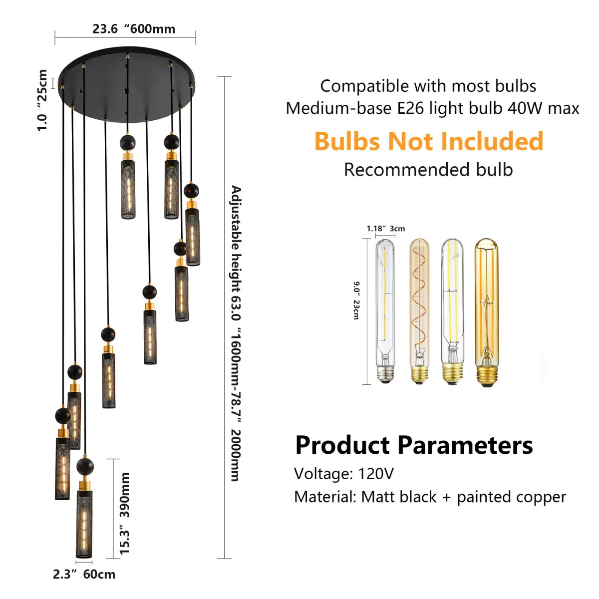 9-light cylinder chandelier, black, dimension drawing 1