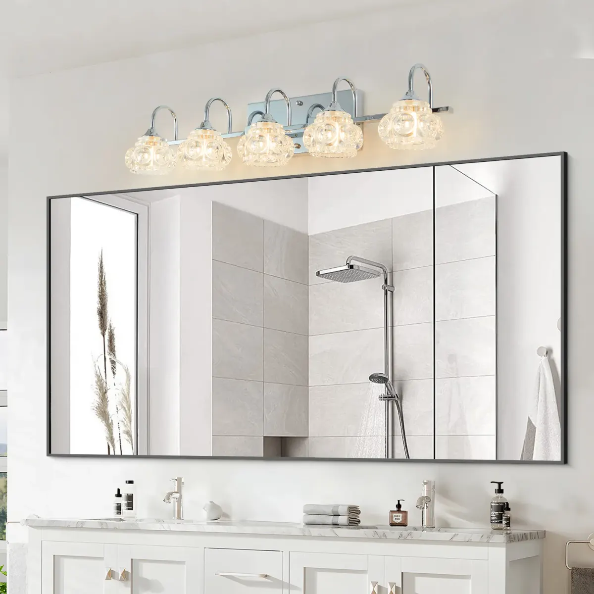 Crystal glass vanity bar, 5 lights, chrome