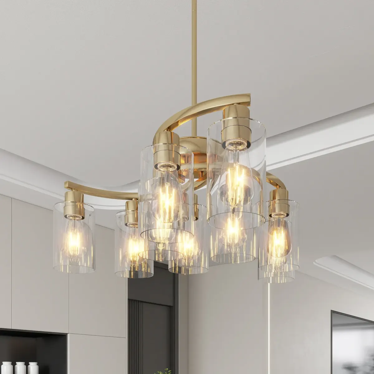 9-light clear glass chandelier, gold, view 3