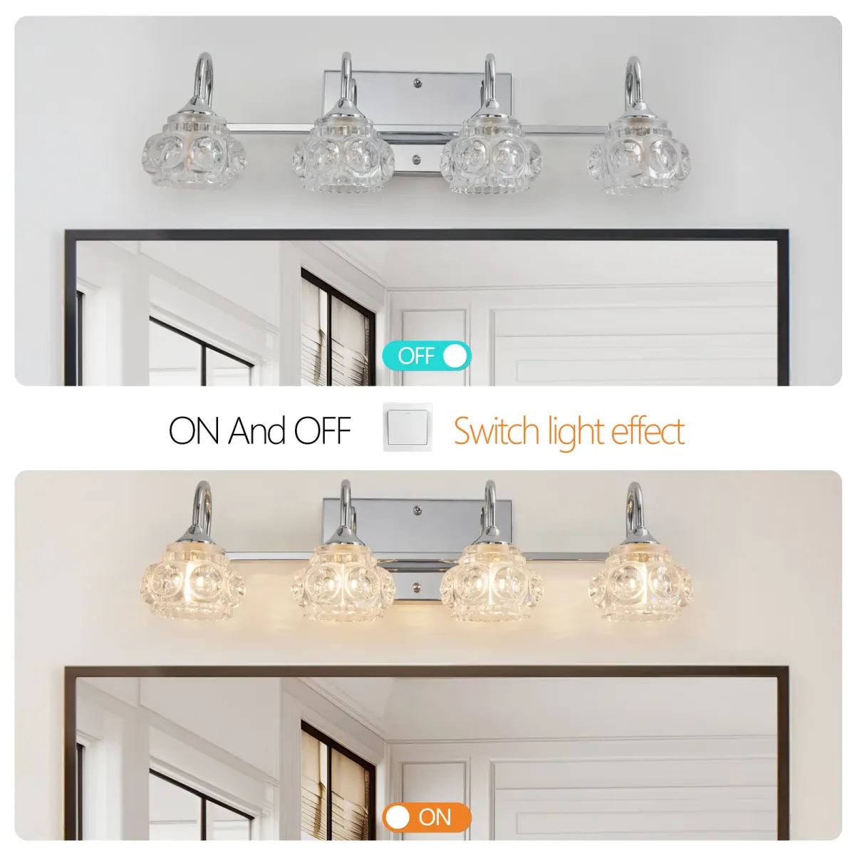 Crystal glass vanity bar, 4 lights, chrome, view 6