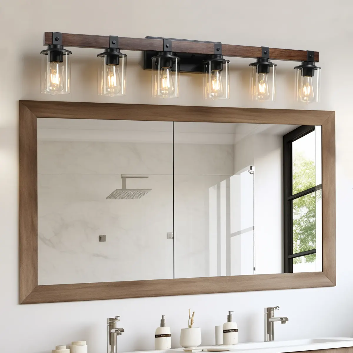 Wood vanity bar, 6 lights, walnut, view 6