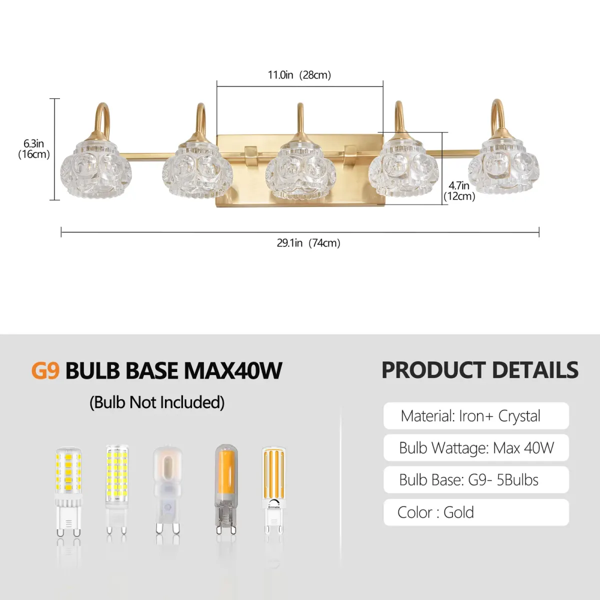 Crystal glass vanity bar, 5 lights, gold, dimension drawing 1