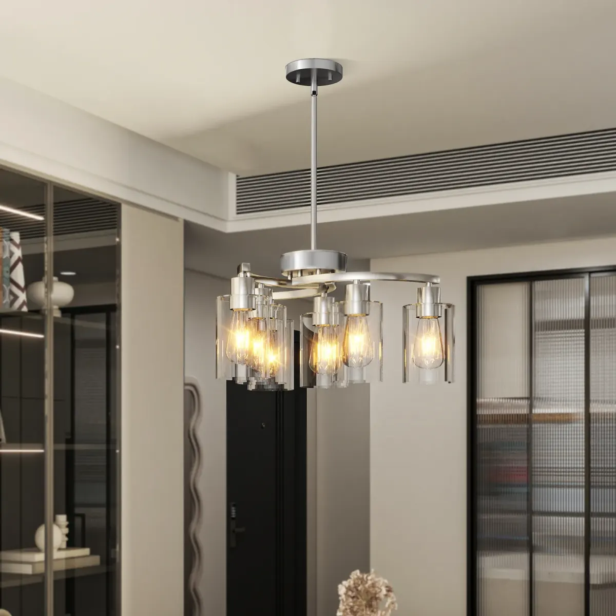 6-light clear glass chandelier, chrome, view 2